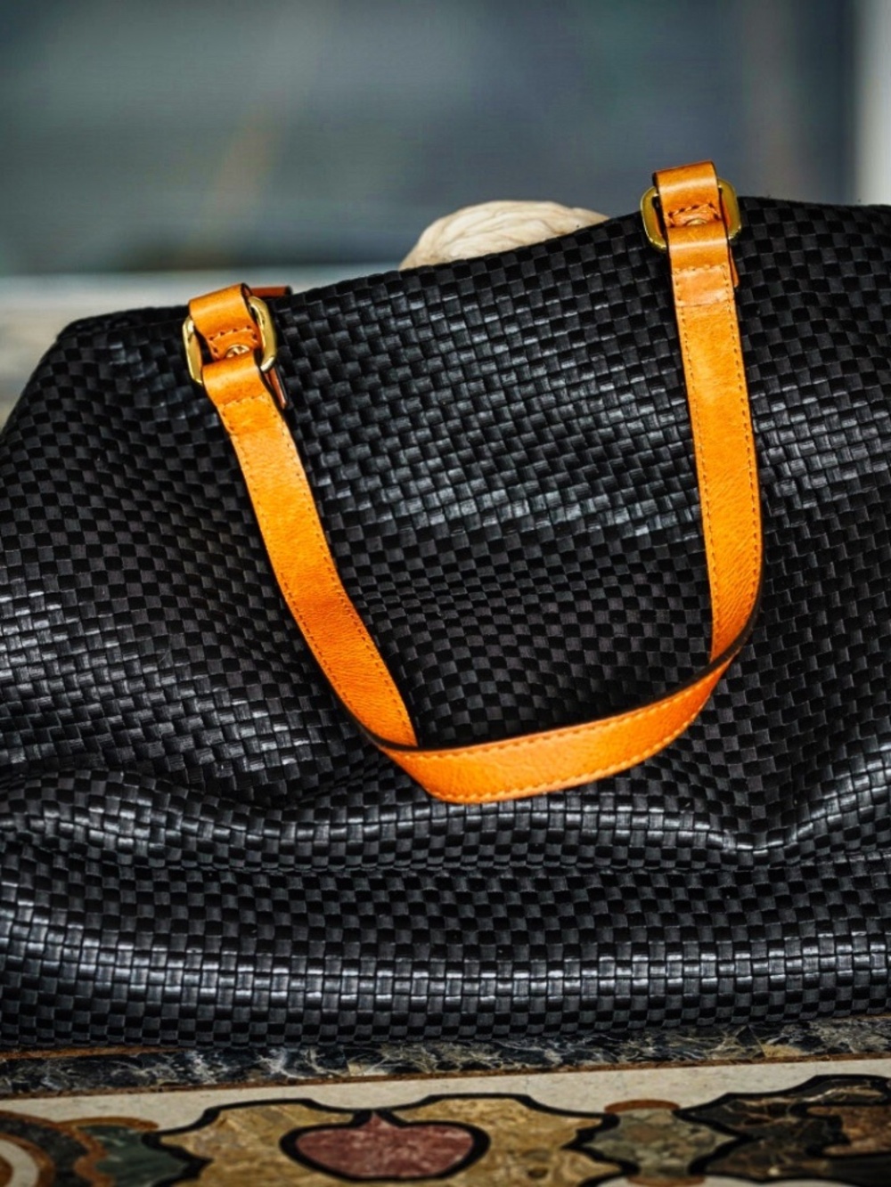 Antonio Melani Black Woven Tote Tan Leather Handles Gold Hardware